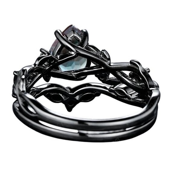 Pear Cut Alexandrite & Moissanite 2 piece Bridal Wedding engagement ring Rhodium - Picture 6 of 8